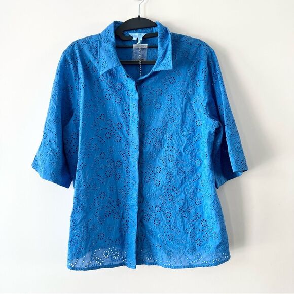 NWT Draper James Evelyn Short Sleeve Button Front Top in Eyelet Royal Blue - Picture 5 of 8